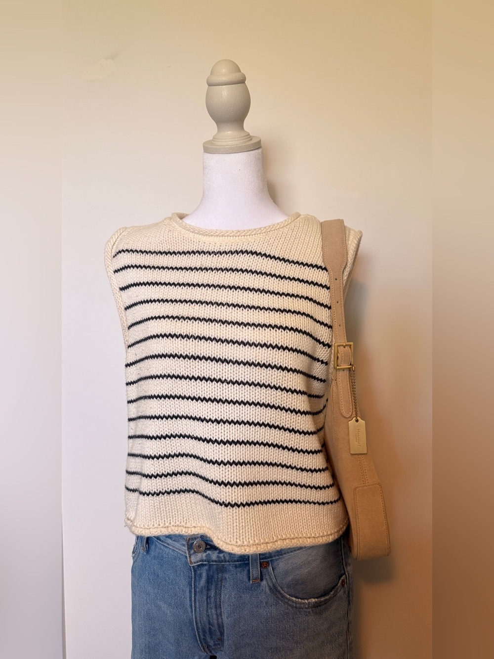 Zara 100% Cotton Striped Knit Sleeveless Top - Cream & Navy